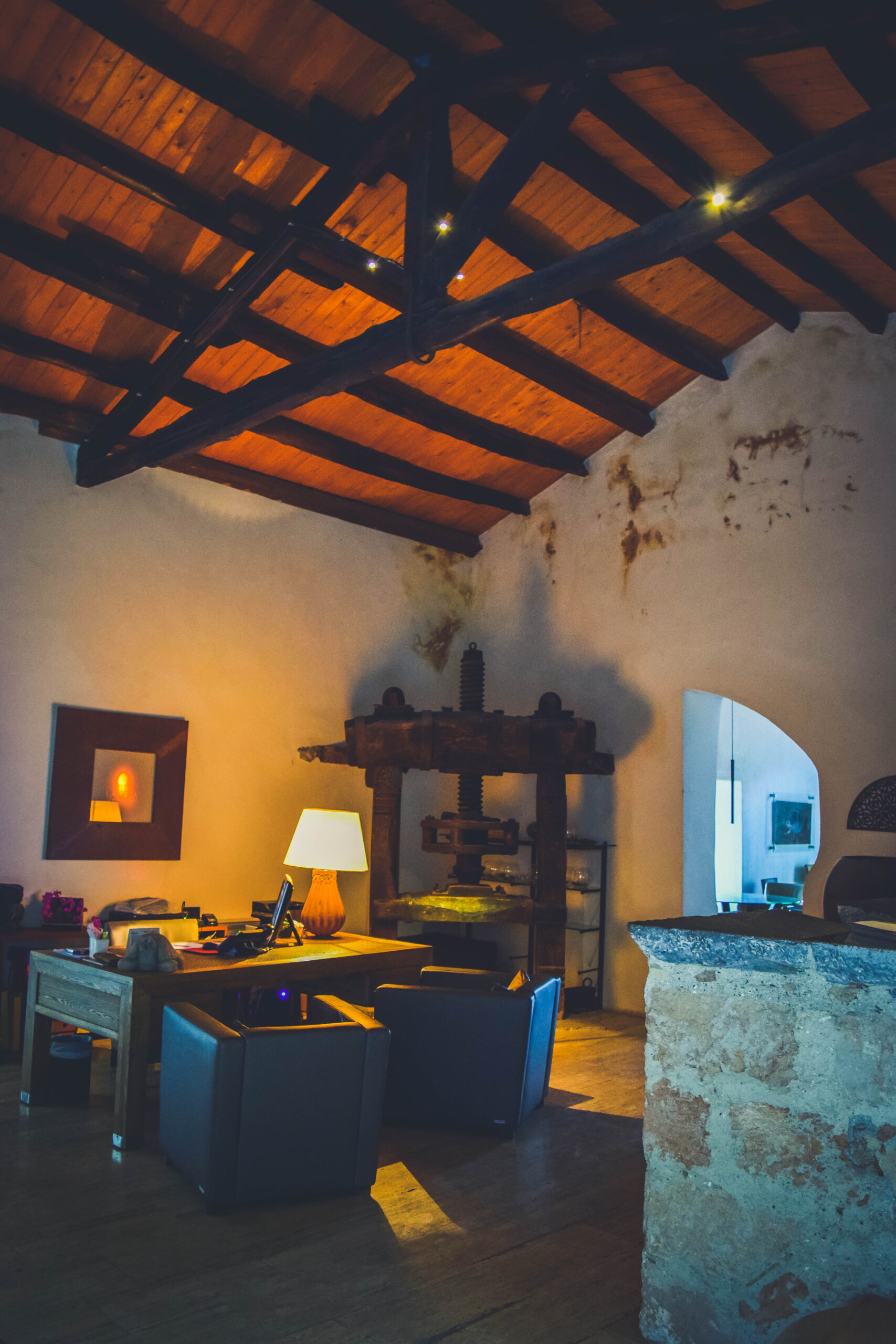 lobby vintage oil machine Hotel Baglio La Porta Sicilia near San Vito Lo Capo Riserva dello Zingaro Private exclusive resort cliffs best of sicily sicilia hidden gem off the beaten path luxury