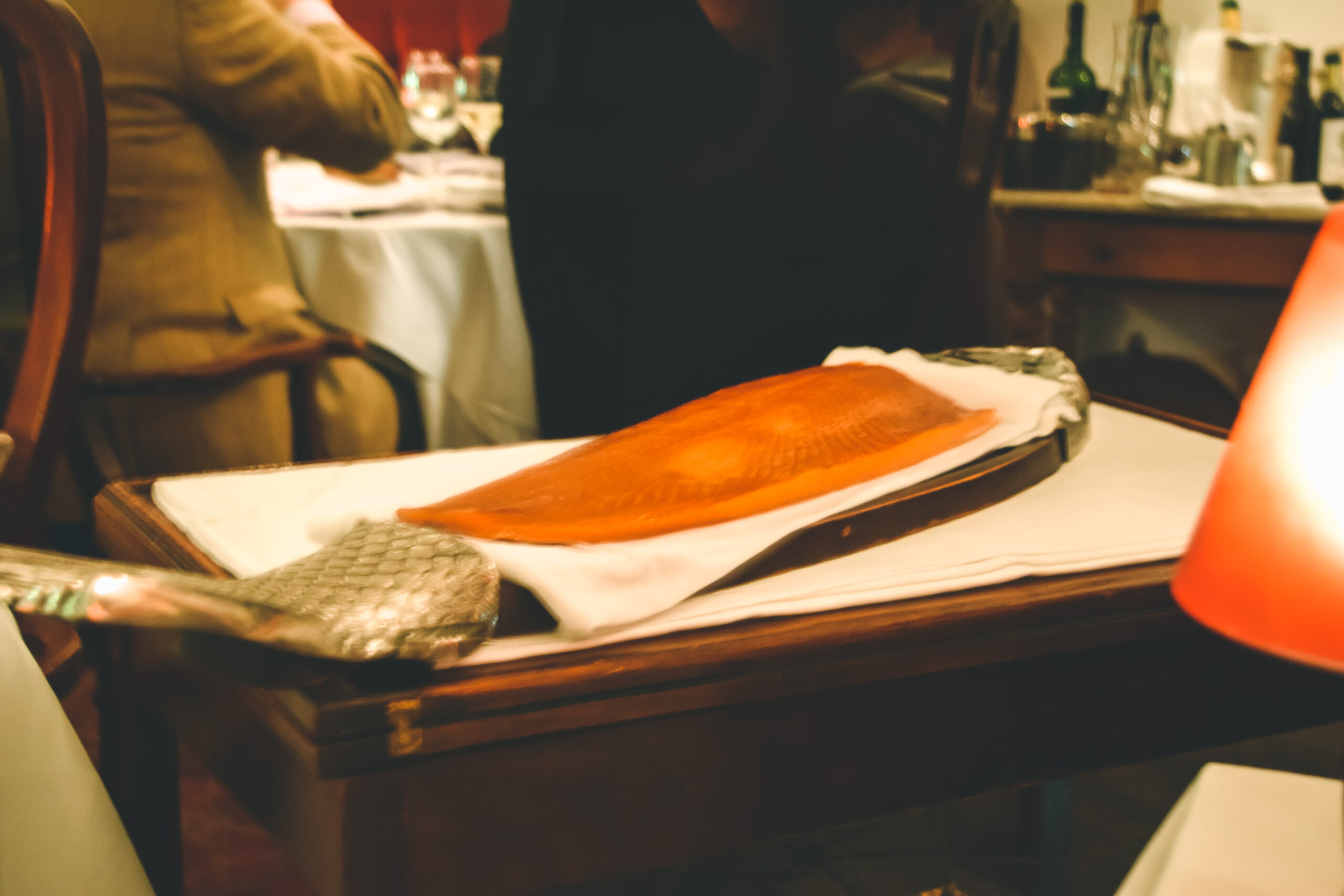 Entree Scottish Smoked Salmon Theatre hand carved Otto's French Restaurant_Best old school french restaurant in london_review_food critic_travel blog_gray's inn road_Travel guide to london uk blog what to do what to see where to go 3 days