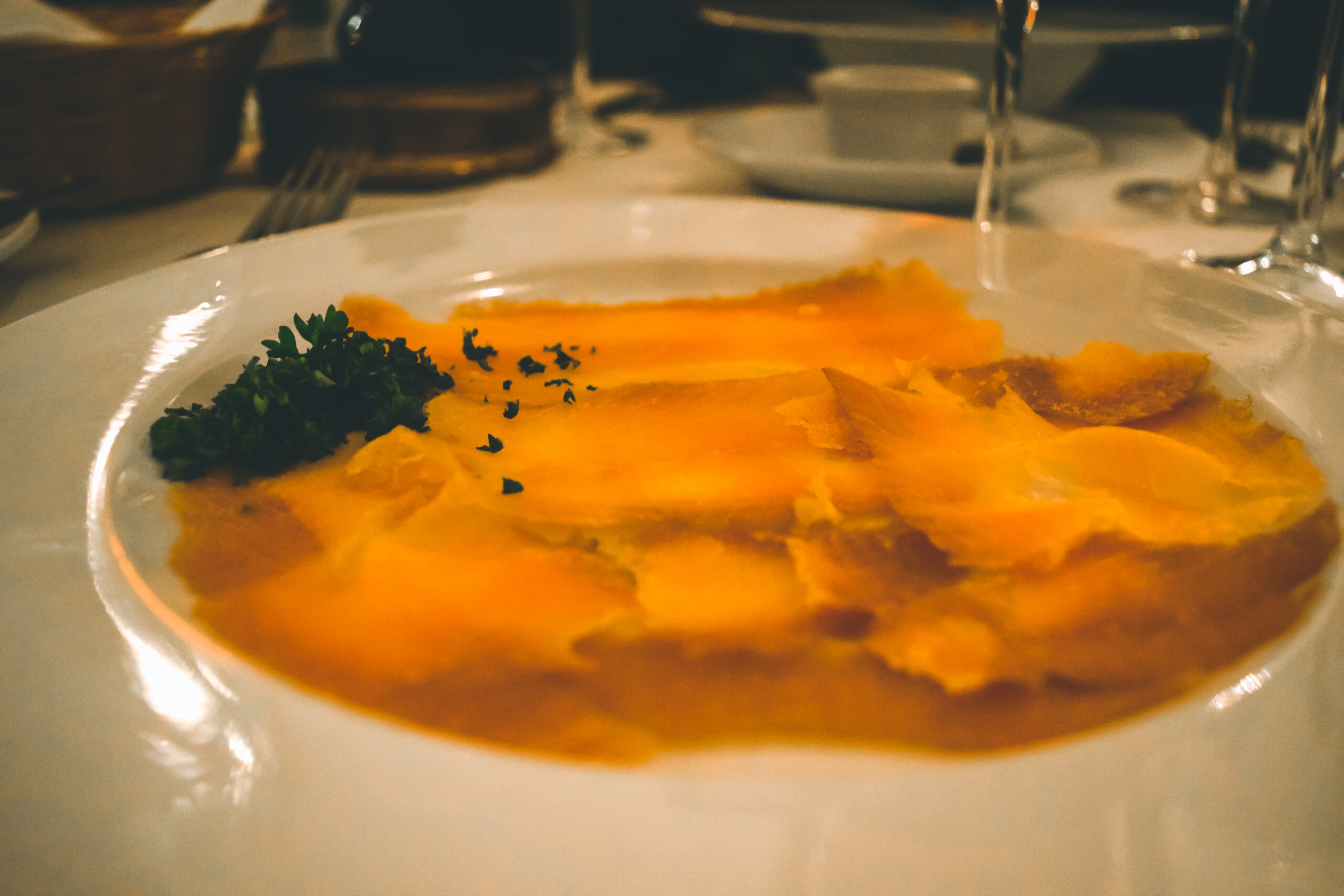 Entree Scottish Smoked Salmon Theatre hand carved Otto's French Restaurant_Best old school french restaurant in london_review_food critic_travel blog_gray's inn road_Travel guide to london uk blog what to do what to see where to go 3 days