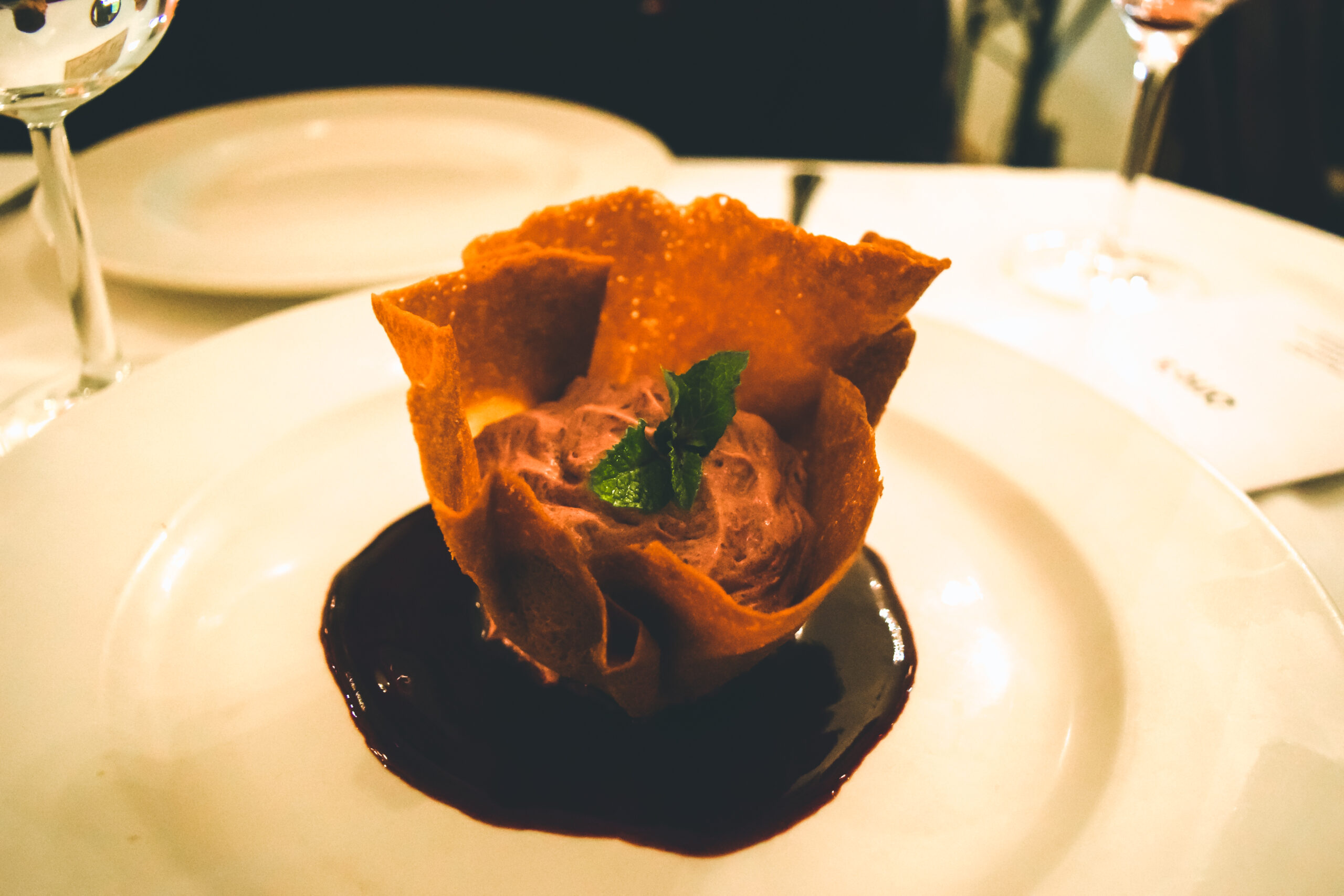 DESSERT: CHERRY MOUSSE IN A BRANDY SNAP TUILE Otto's French Restaurant_Best old school french restaurant in london_review_food critic_travel blog_gray's inn road_Travel guide to london uk blog what to do what to see where to go 3 days