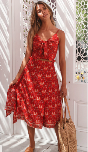Red Floral Crop Top Skirt Set