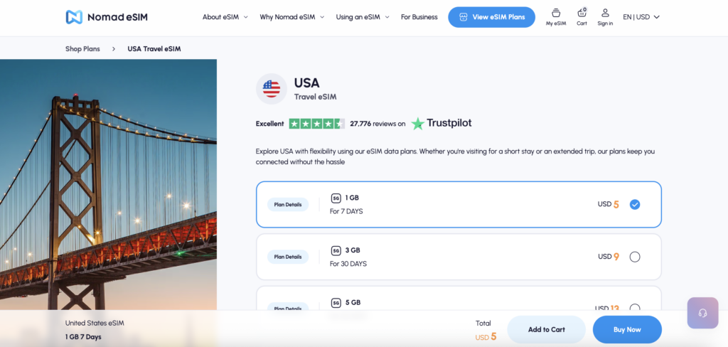 Nomad United States travel eSIM data plan setup for seamless connectivity while visiting the USA.